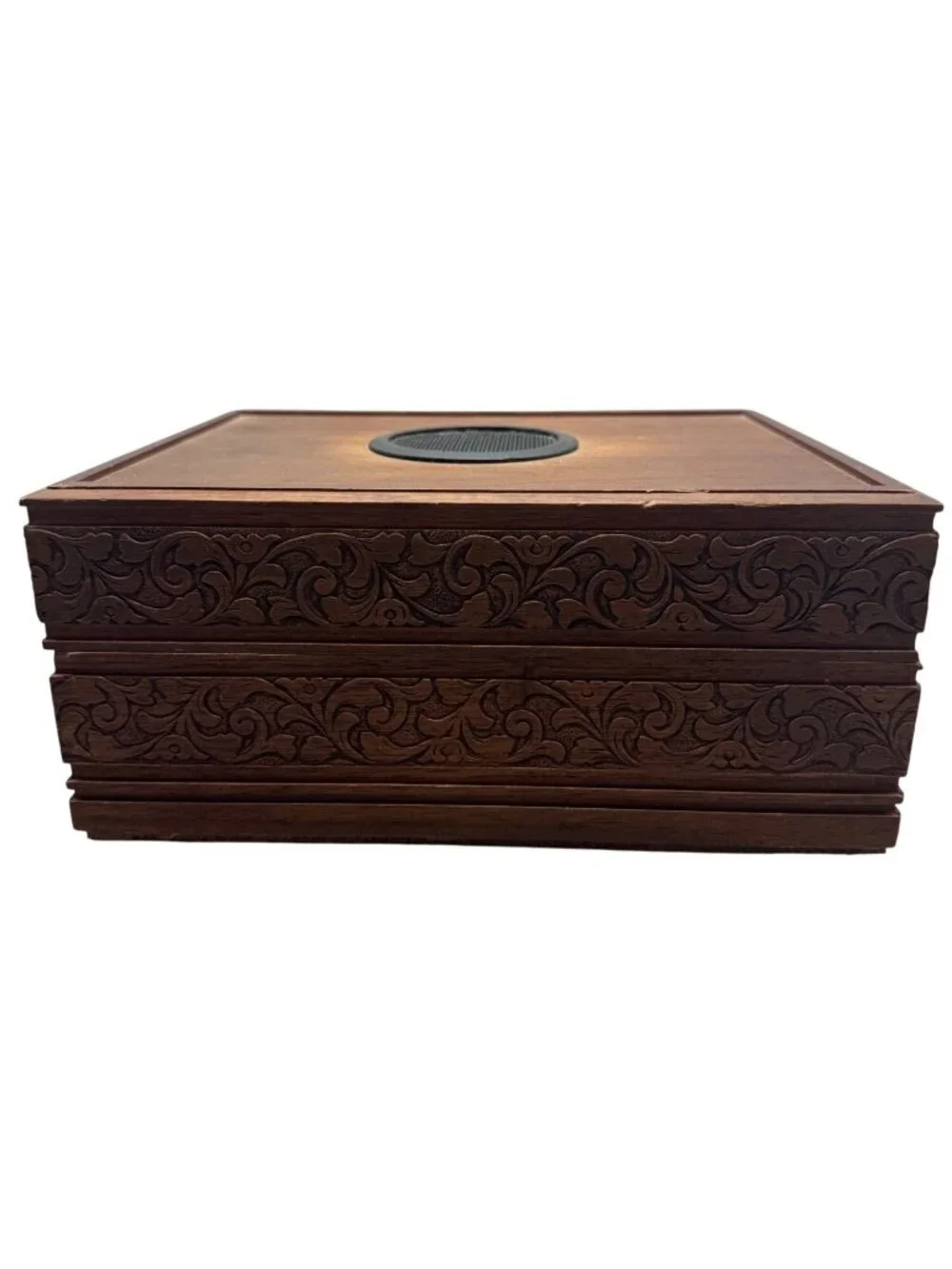Hand-Carved Wooden Trinket Box With Intricate Floral Design & Hinged Lid READ